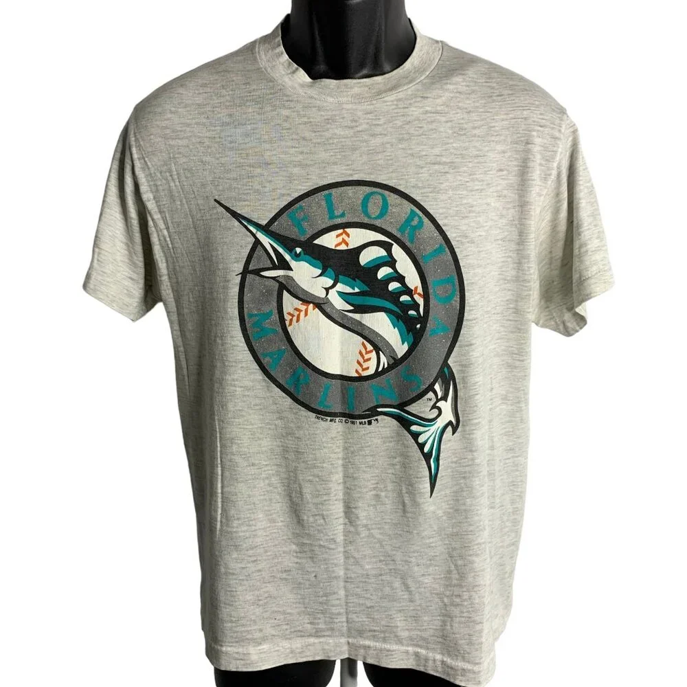 Vintage 90s Florida Marlins Crewneck T Shirt M Grey Single Stitch Short Sleeves